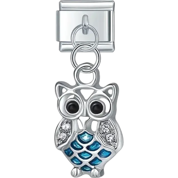 Blue owl with black eyes dangle Italian charm bracelet link