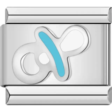 Silver pacifier design with blue accent Italian charm bracelet link