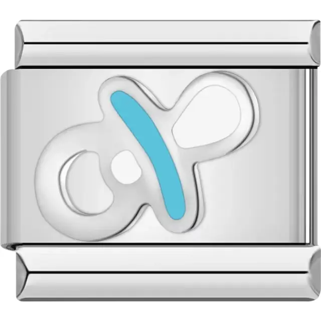 Silver pacifier design with blue accent Italian charm bracelet link
