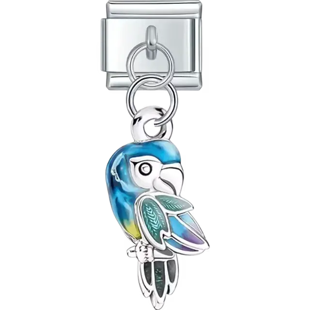 Parrot design with blue green and yellow accents dangle Italian charm bracelet link