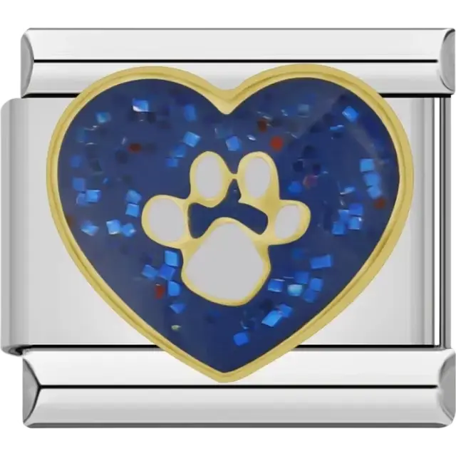 Heart-shaped charm with a gold paw print on a blue background featuring glitter accents Italian charm bracelet link