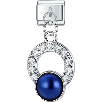 Blue pearl pendant with a silver and crystal detailed hoop Italian charm bracelet link