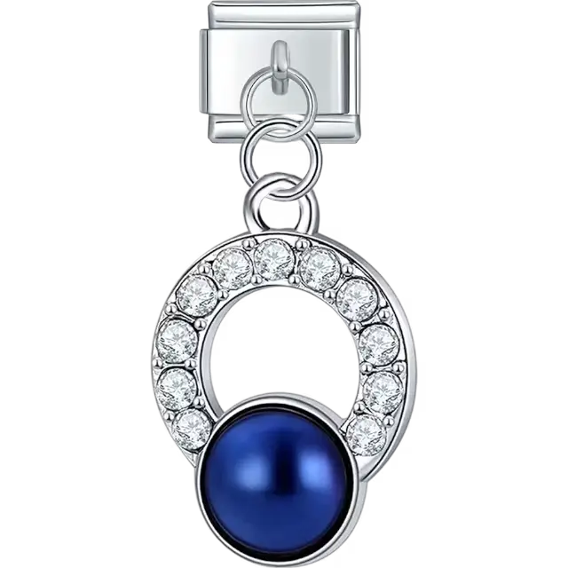 Blue pearl pendant with a silver and crystal detailed hoop Italian charm bracelet link