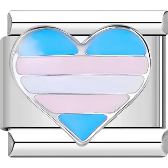 Heart with blue pink and white horizontal stripes Italian charm bracelet link