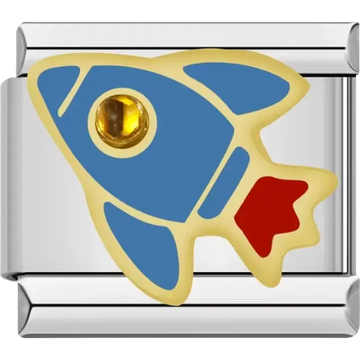 Blue and gold rocket with a red flame and a yellow crystal accent Italian charm bracelet link
