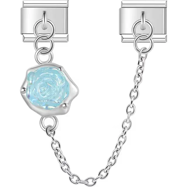 Blue rose flower with safety chain Italian charm bracelet link