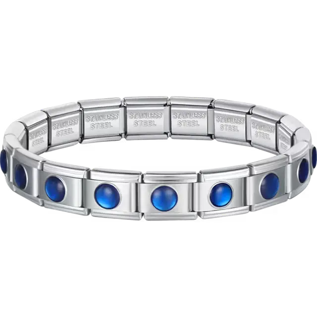 Blue round dots charms composing stainless steel Italian bracelet