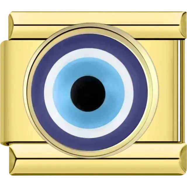 Round blue evil eye symbol with concentric circles in black white and gold accents Italian charm bracelet link