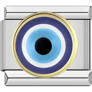 Round blue evil eye symbol with concentric circles in black white and gold accents Italian charm bracelet link