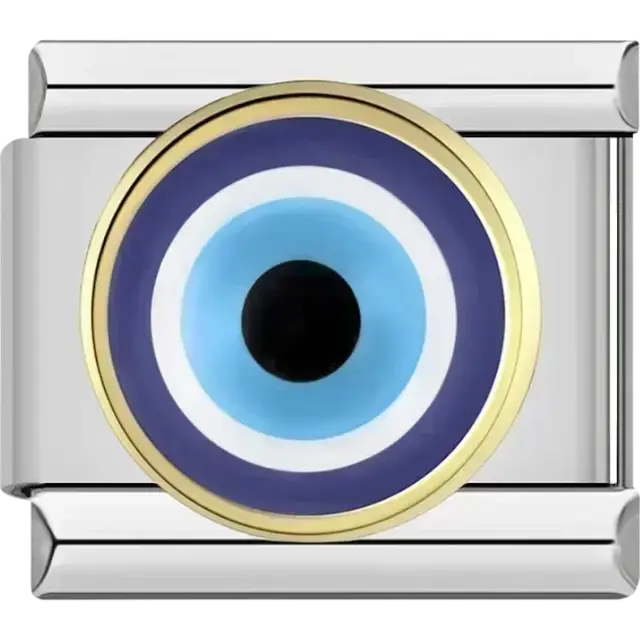 Round blue evil eye symbol with concentric circles in black white and gold accents Italian charm bracelet link