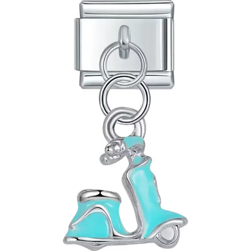 Light blue scooter design in a dangle style Italian charm bracelet link