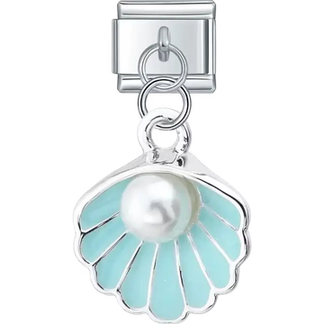 Light blue seashell dangle design with pearl centerpiece Italian charm bracelet link