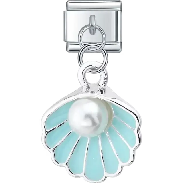 Light blue seashell dangle design with pearl centerpiece Italian charm bracelet link