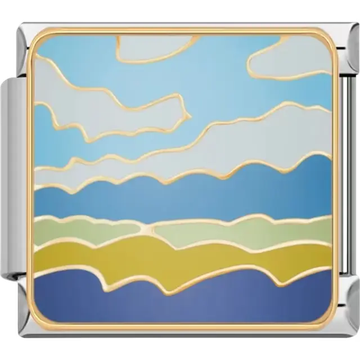 Scenic landscape with rolling green and blue hills under a cloudy blue sky Italian charm bracelet link