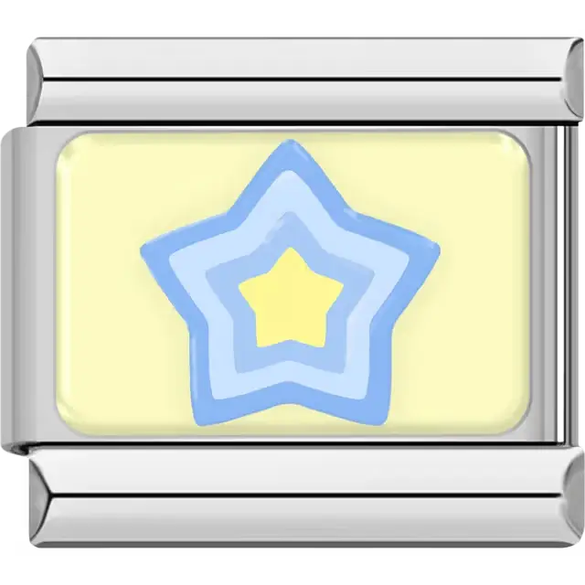 Blue layered star with yellow center on yellow background Italian charm bracelet link