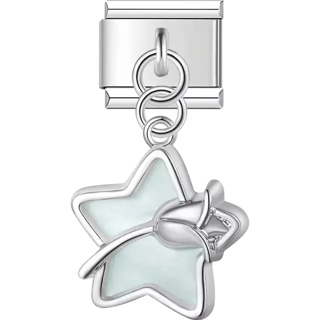 Silver star with blue enamel center and bow accent dangle Italian charm bracelet link