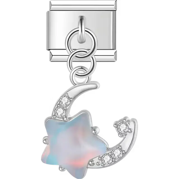 Blue star with crescent moon and crystal accents dangle Italian charm bracelet link