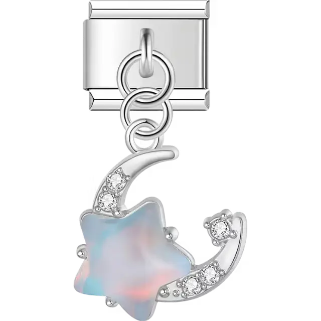 Blue star with crescent moon and crystal accents dangle Italian charm bracelet link