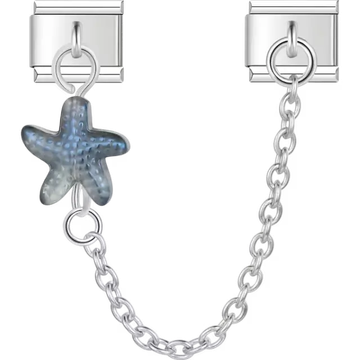 Blue starfish with silver safety chain Italian charm bracelet link