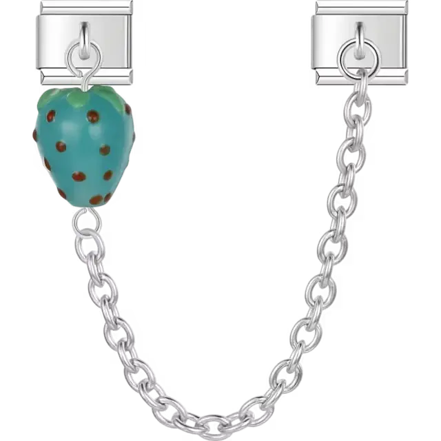 Blue strawberry with brown polka dots and green top connected by silver chain Italian charm bracelet link