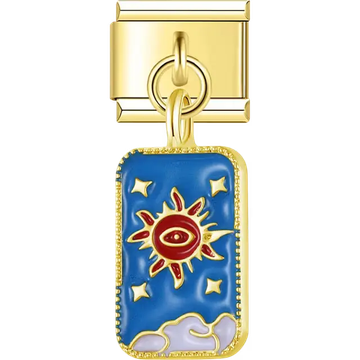 Blue enamel rectangle with red sun eye and white cloud accents Italian charm bracelet link