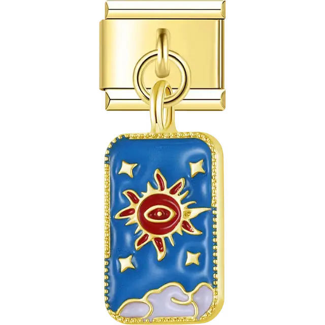 Blue enamel rectangle with red sun eye and white cloud accents Italian charm bracelet link