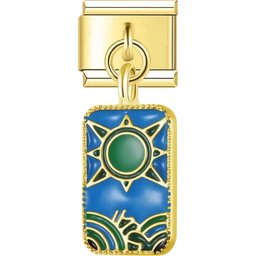 Blue enamel rectangle with green sun and wave accents gold trim Italian charm bracelet link