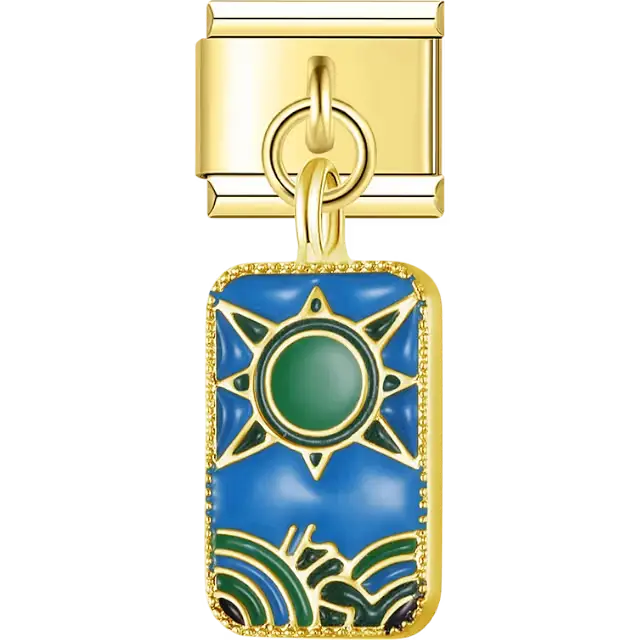 Blue enamel rectangle with green sun and wave accents gold trim Italian charm bracelet link