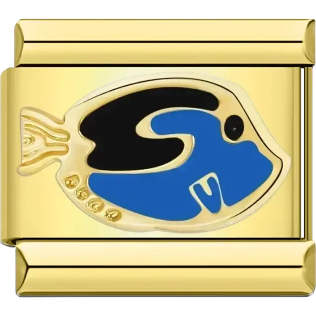 Blue and black tang fish on a gold rectangular. Dory fish Italian charm bracelet link