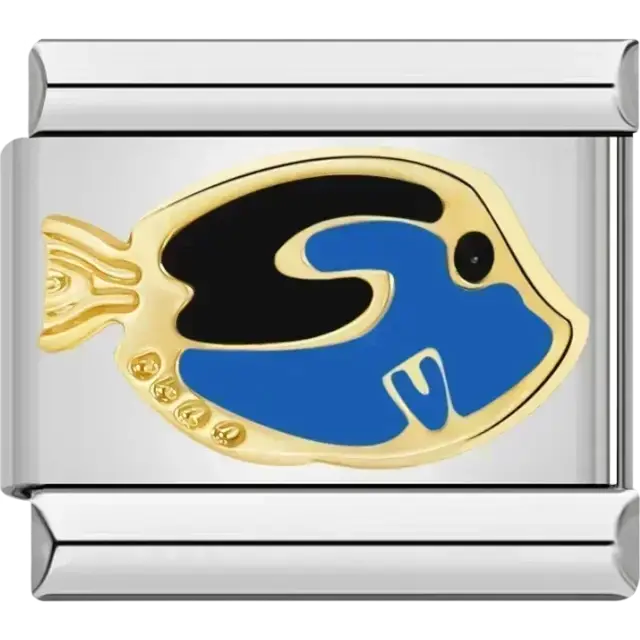 Blue and black tang fish on a gold rectangular. Dory fish Italian charm bracelet link
