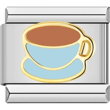 Light blue teacup with brown liquid and gold trim Italian charm bracelet link