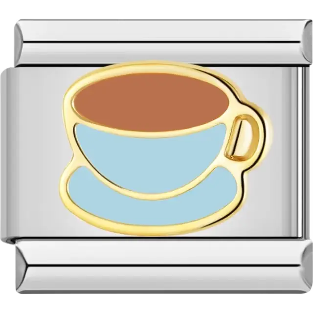 Light blue teacup with brown liquid and gold trim Italian charm bracelet link