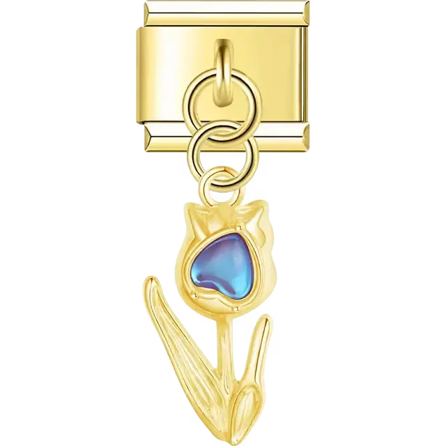 Tulip with blue heart center dangle Italian charm bracelet link