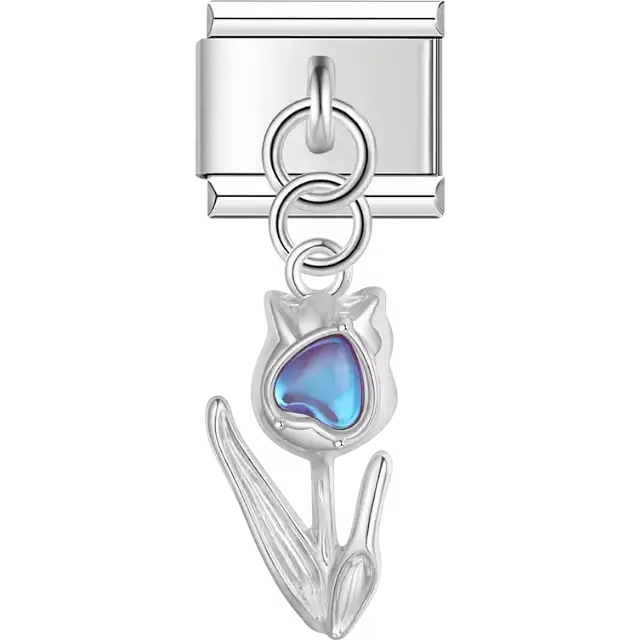 Tulip with blue heart center dangle Italian charm bracelet link