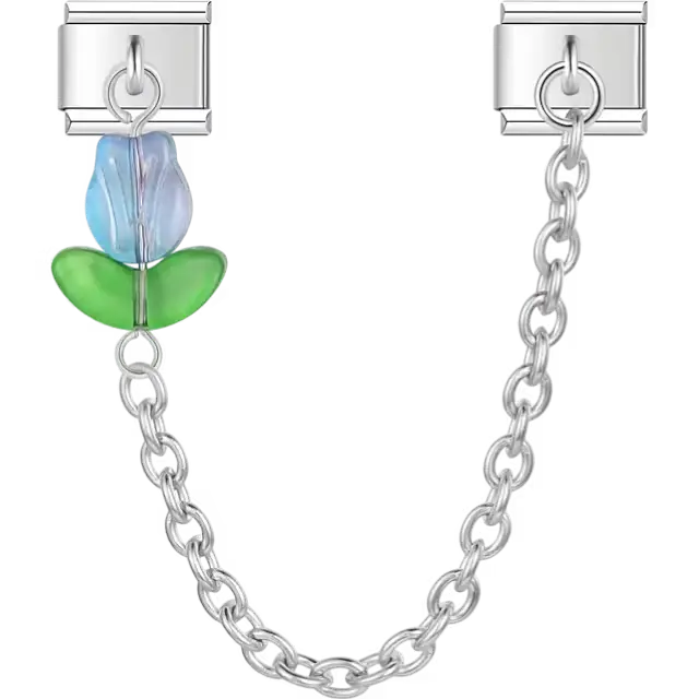 Blue tulip with green leaves connected by chain Italian charm bracelet link