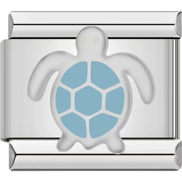 White turtle with light blue shell pattern and yellow accents Italian charm bracelet link