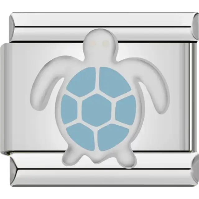White turtle with light blue shell pattern and yellow accents Italian charm bracelet link