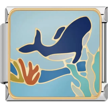 Blue whale with coral and seaweed design Italian charm bracelet link