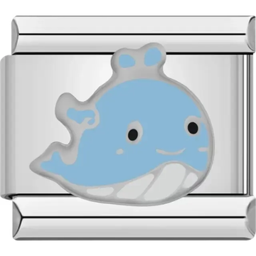 Light blue whale with white details and a silver outline Italian charm bracelet link