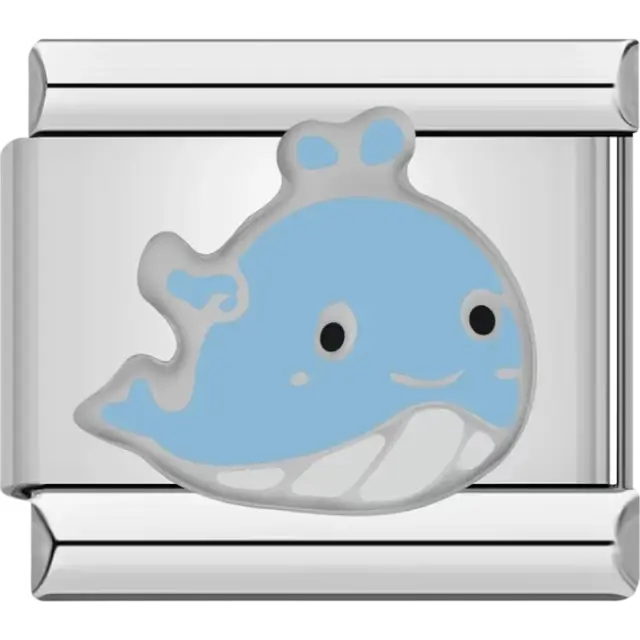 Light blue whale with white details and a silver outline Italian charm bracelet link