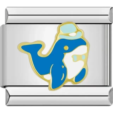 Blue whale design with gold outline and light blue accents Italian charm bracelet link