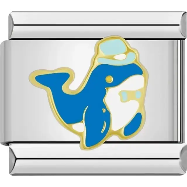 Blue whale design with gold outline and light blue accents Italian charm bracelet link