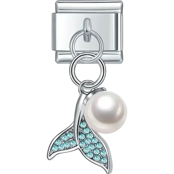 Blue crystal whale tail with pearl dangle Italian charm bracelet link