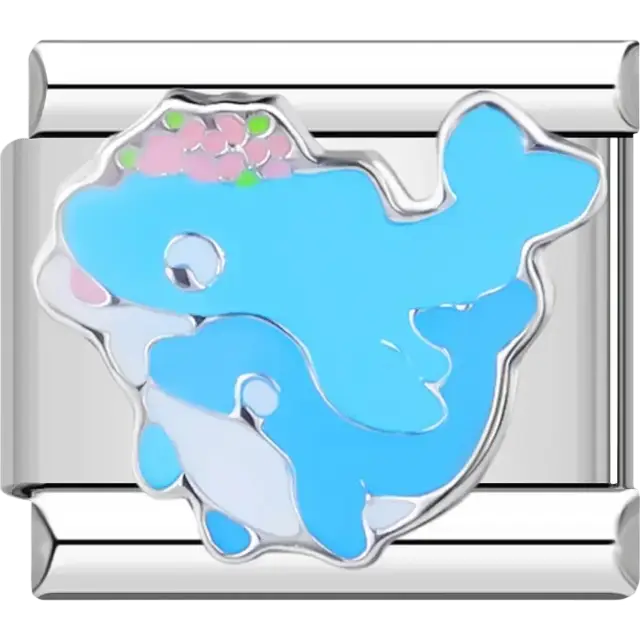 Two blue whales with pink accents Italian charm bracelet link