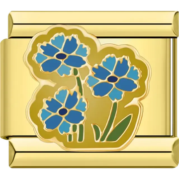 Gold charm featuring a cluster of blue wildflowers with green stems and leaves Italian charm bracelet link
