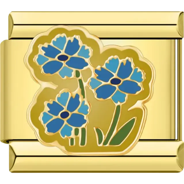 Gold charm featuring a cluster of blue wildflowers with green stems and leaves Italian charm bracelet link