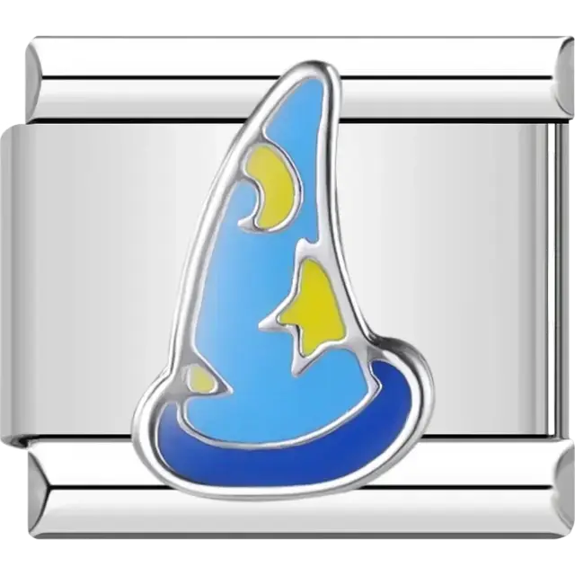 Blue wizard hat with yellow crescent moon and star accents Italian charm bracelet link