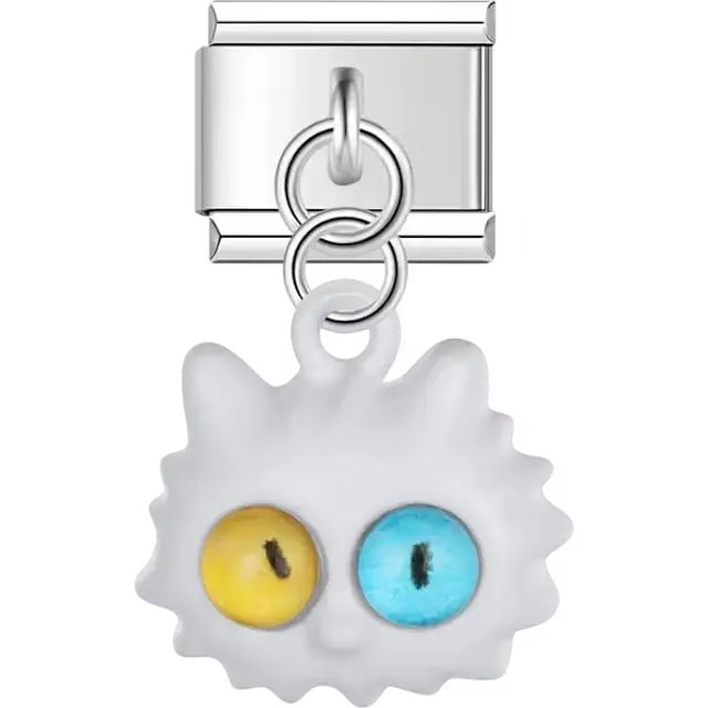 Cat face yellow blue different colored eyes dangle Italian charm bracelet link