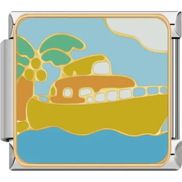 Yellow boat with green palm tree and blue water under a light blue sky and white cloud Italian charm bracelet link