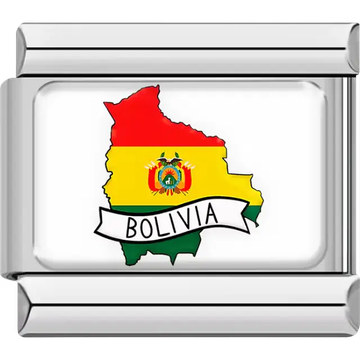 Map of Bolivia in red, yellow, and green flag colors with national coat of arms and "BOLIVIA" banner Italian charm bracelet link